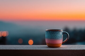 Colorful ceramic mug on balcony at sunset