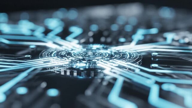 Close-up of a futuristic circuit board with glowing blue lines and a circular centerpiece