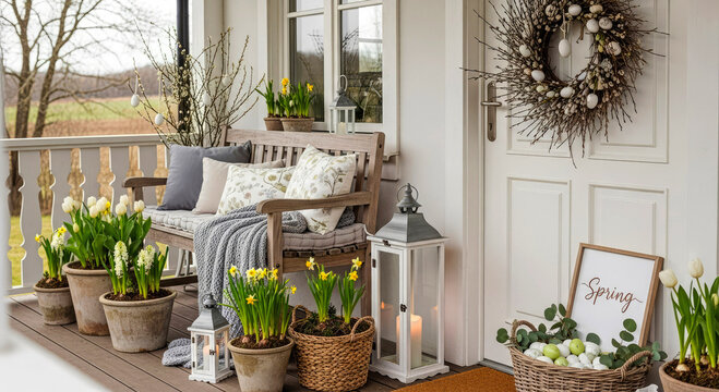 Cozy Easter porch decoration with floral wreath, potted spring flowers, bench with cushions. Perfect for festive design ideas, seasonal holiday celebrations.