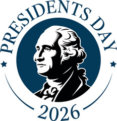 A graphic illustration of George Washington's portrait on Presidents Day 2026 logo