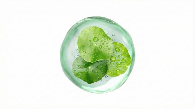 Fresh green centella leaves encapsulated in translucent gel bubble,nature-inspired skincare concept on white background