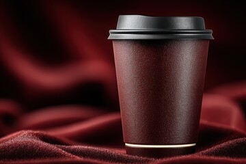 Single takeaway coffee cup on red velvet fabric