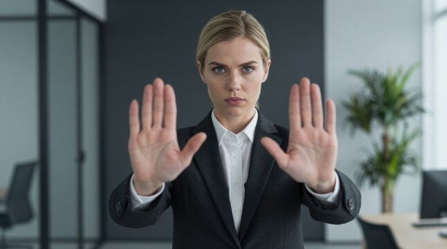 Businesswoman Expressing Disagreement with Stop Gesture in Modern Office Environment, Showcasing Restriction and Refusal