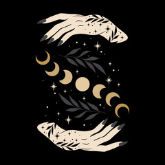 Boho illustration with moon phases and woman hand. Alchemy esoteric magic space. Elegant illustration.