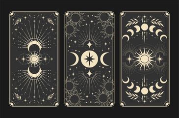Magic astrology cards. Vintage mystic tarot cards, stars and crescents magical symbols, magic occult cards illustration set.	