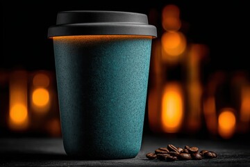 Dark blue coffee cup with coffee beans