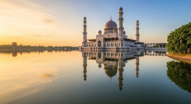 Dramatic Sunrise at Kota Kinabalu City Mosque, Sabah, Malaysia. Reflection in Water, Islamic architecture, tranquil scene, travel destination, landmark.
