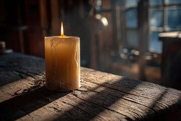 Golden Candle On Rustic Wooden Table