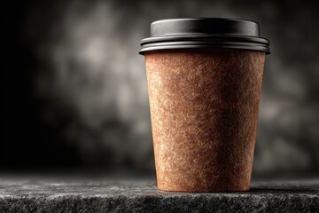 Single disposable coffee cup with lid on dark surface