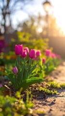 Vibrant pink tulips blooming in a sunlit garden path.