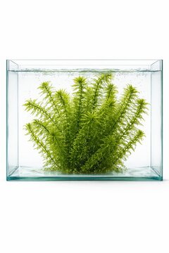 Hydrilla verticillata submerged plant cluster in clear glass tank with tiny air bubbles clean freshwater ecology concept isolated on white