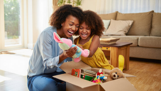 Mother and daughter paking toys at home, joyful family moment, suitable for family lifestyle content and advertising, Spring decluttering, spring cleaning, home organization, fresh start, charity