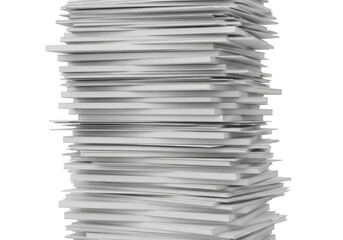 Large pile of white papers stacked vertically isolated on transparent background