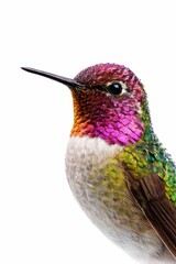 Obraz premium Vibrant hummingbird head and chest closeup with iridescent throat feathers sharp beak and eye wide negative space studio photo isolated on white