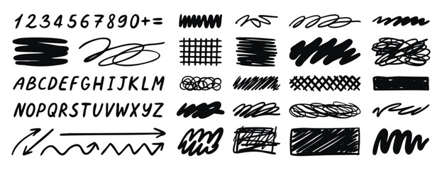 Abstract doodles monochrome line art with lines arrows numbers and alphabet, hand drawn