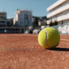 Tennis Ball On Orange Court With City Background