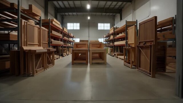 The scene shows a workshop with wooden furniture prominently displayed on shelves. The workshop is well-lit and organized, featuring many tables and wooden items in the background.
