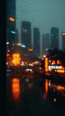 Fototapeta premium Rainy Night Cityscape Through A Wet Window