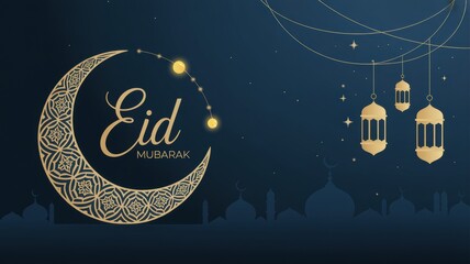 Fototapeta premium Elegant Eid Mubarak Design with Golden Crescent Moon, Hanging Lanterns, and Mosque Silhouettes Ramadan special Ramadan Mubarak