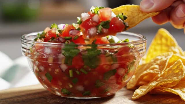 Close-up of a glass bowl filled with fresh salsa, a hand dips a tortilla chip into it