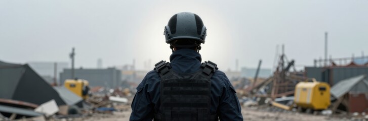 Naklejka premium Armed officer surveys damaged landscape post disaster, showcasing resilience, security, and the aftermath of destruction