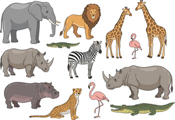 Obraz premium Professional Illustration Collection of Wild Safari Animals Featuring Giraffes Elephants Rhinos Flamingos Crocodiles and Cheetahs for Nature and Educational Graphic Design