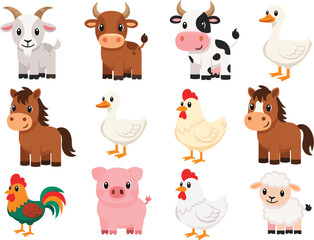 Obraz premium Professional Illustration Set of Cute Farm Animals Featuring Goats Bulls Cows Horses Pigs Sheep Chickens and Ducks for Childrens Education and Agricultural Design