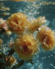 Underwater floral elegance with yellow roses and bubbles for creative design and decoration
