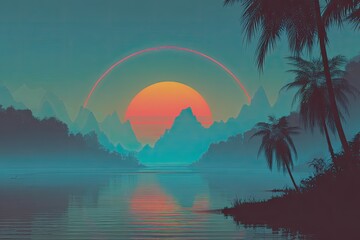 Digital Art Landscape Sunset Mountains Water