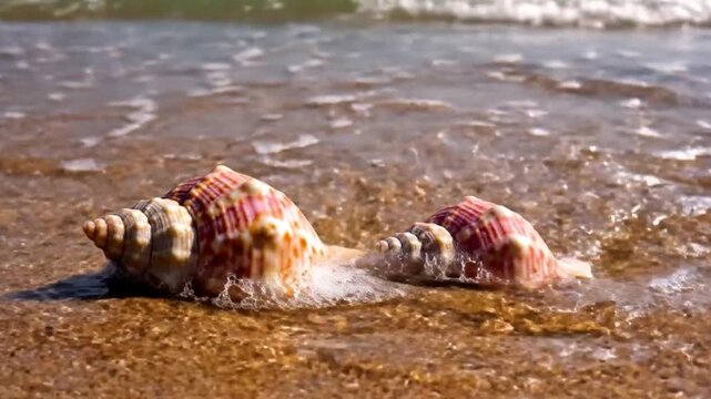 Two identical conch shells resting side-by-side on the sand as a gentle tide washes over them.