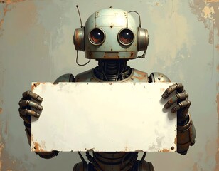 Vintage Robot Holding Blank Sign - Retro Technology and Artificial Intelligence.