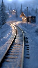 Snowy Train Tracks Through Winter Mountain Village At Night