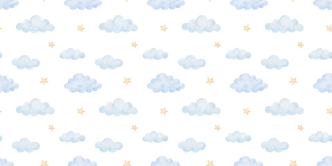 Seamless cute pattern with stars and clouds for baby textile, hand drawn watercolour illustrations