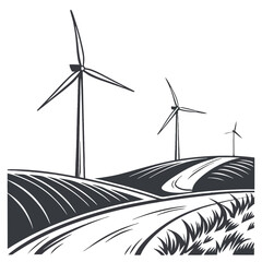 Wind turbines standing on rolling hills under a clear sky