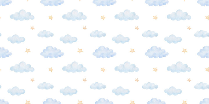 Seamless cute pattern with stars and clouds for baby textile, hand drawn watercolour illustrations