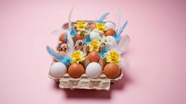 Decorated Easter eggs with colorful feathers and daffodils arranged in a rustic carton on pink background