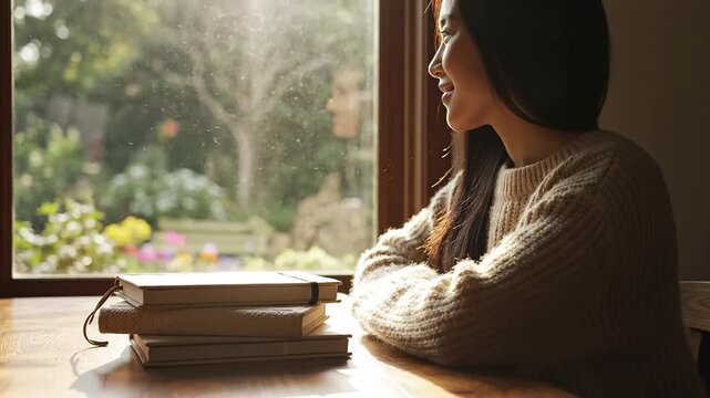 Reflective asian woman looking out window symbolizing hope healing and self injury awareness day support content
