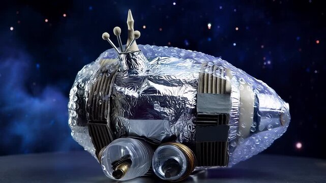 A silver rocket model rests on a dark surface, surrounded by a galaxy of stars. The rocket, made from foil and bubble wrap, features intricate details and an artistic design.