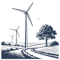 Wind turbines standing beside a serene rural road lined with trees.