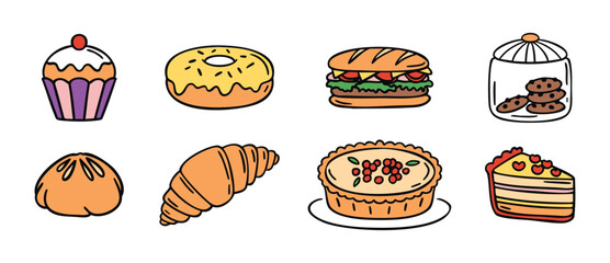 Desserts set pie cake cookies cupcakes donut croissant sandwich, cozy hand drawn doodle style.