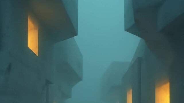 Abstract geometric forms in a hazy atmosphere with warm illuminating light