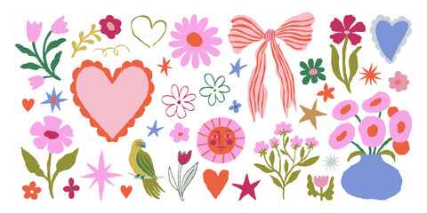 Vector hand drawn whimsical illustrations in doodle sketch style, flowers and hearts, love and valentine day theme, wedding cards, invitations and stationery