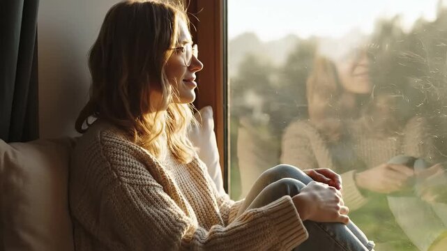 Woman reflecting by window expressing hope and resilience for self injury awareness day support content