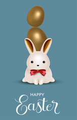 Fototapeta premium Easter Bunny With Stacked Golden Easter Eggs Vertical Greeting Card Illustration for Fun Spring Holiday Celebration Design