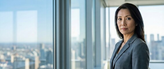 Fototapeta premium Senior Asian woman in business suit standing by office window with city view, confident and professional, looking at camera Concept of career, success, leadership, and ambition