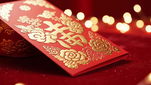 Close-up of a red envelope with gold designs on a red surface with blurred lights.