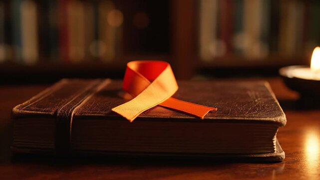 Orange awareness ribbon on vintage book representing self injury day mental health support and crisis education