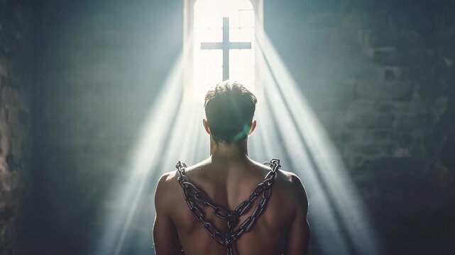 A man in chains stands with his back to a cross as light beams through the window in a dimly lit room