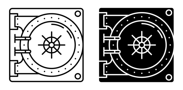 Linear icon. Closed entrance to bank vault protected by thick armored door with combination lock and screw handle. Simple black and white vector symbol isolated on white background
