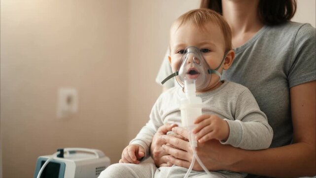 Mother holding a sick baby with a nebulizer mask on face. Child breathing steam from an inhaler during respiratory treatment. Pediatric asthma therapy and healthcare concept